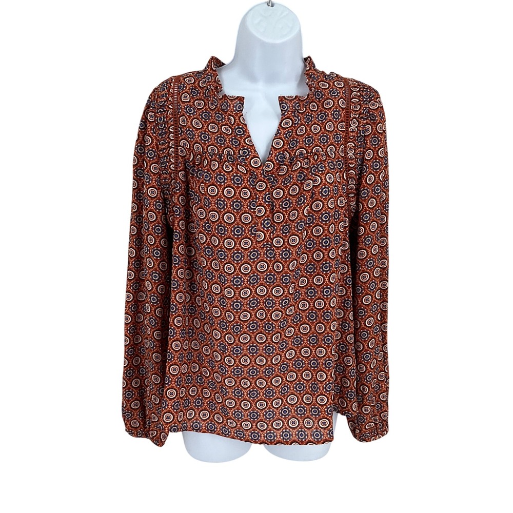 LOFT Blouse Womens M Rust Orange Medallion Boho Split‎ Neck Lace Modest Office